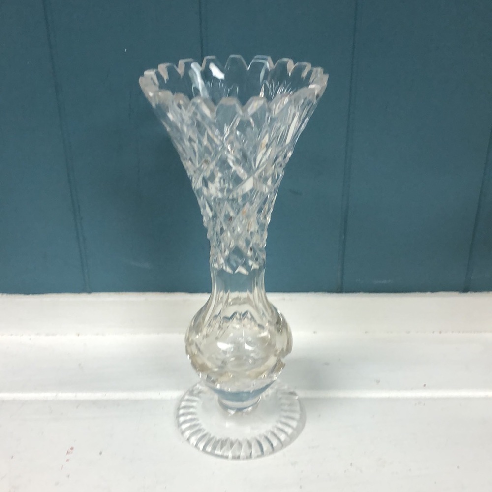 Vtg Footed Clear Glass Bud Vase Vintage Star of David Starburst Pinwheel 8”x3.5” - Picture 4 of 9